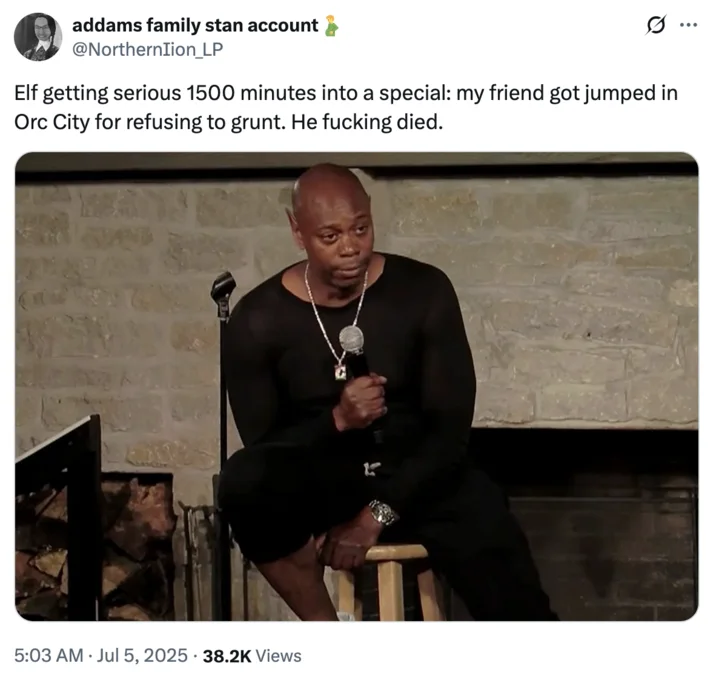 Comedy performance meme about elf special and friend jumped in Orc City dying.