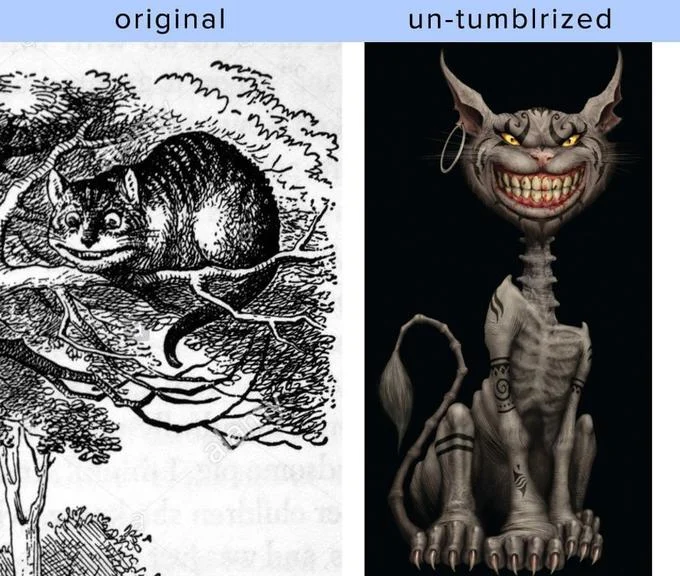 Original Vs Un Tumblrized — Classic Cheshire Cat illustration versus dark skeletal Cheshire Cat redesign