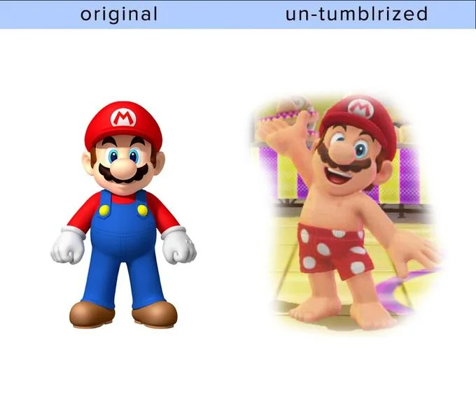 Original Vs Un Tumblrized — Standard Mario versus shirtless swimsuit Mario from Super Mario Odyssey