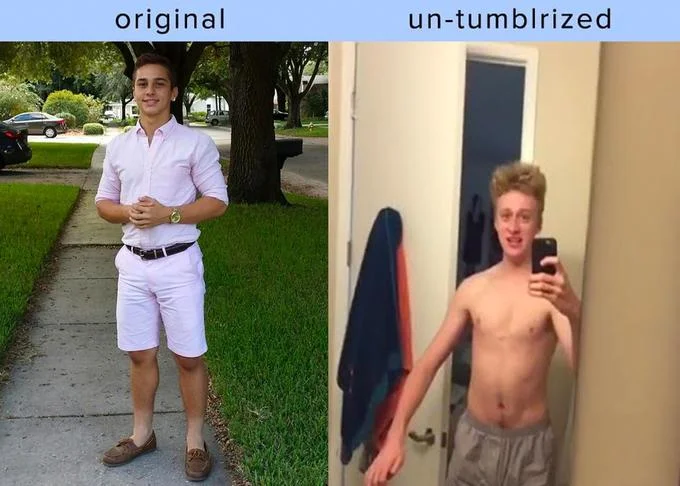 Original Vs Un Tumblrized — Teen boy in polished outfit versus shirtless mirror selfie for original vs un-tumblrized meme