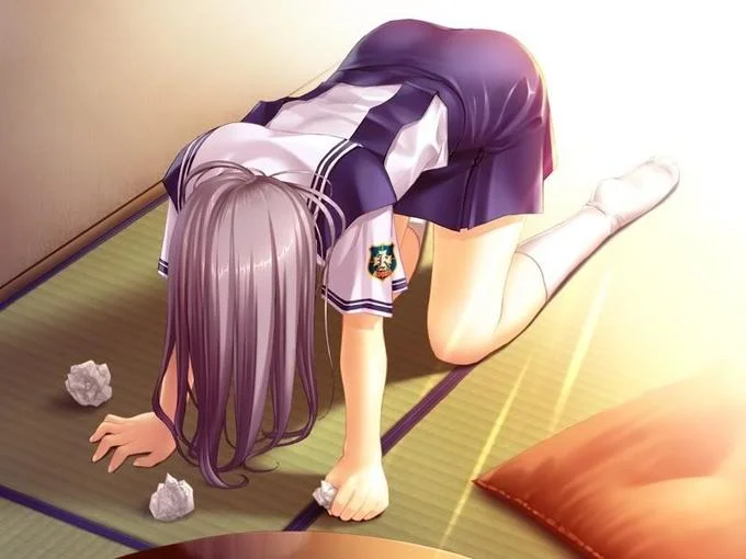 Anime schoolgirl kneeling on tatami floor in dejected orz pose