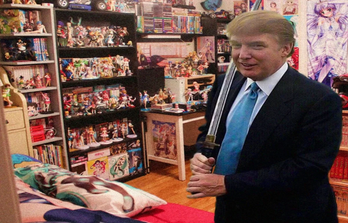 Otaku — Donald Trump holding a katana in a room full of anime figures and posters