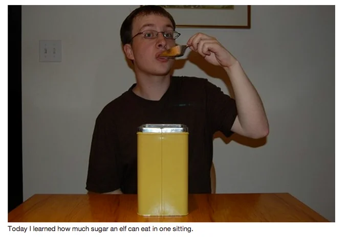 Otherkin — Young man eating sugar from a large yellow tin with a spoon, captioned about elf sugar consumption