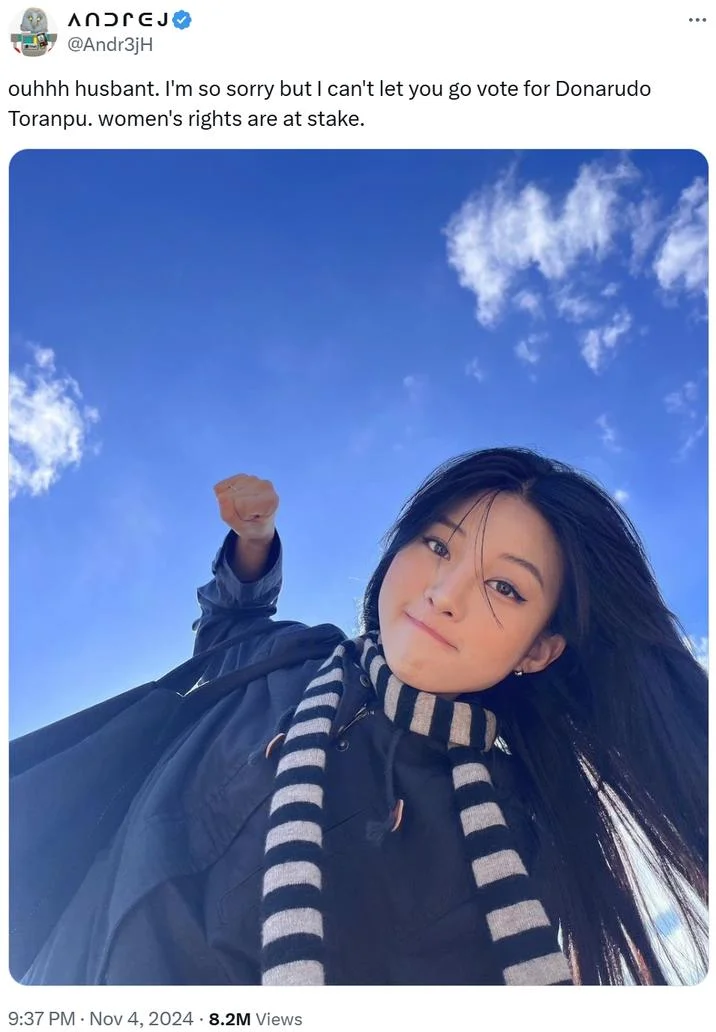 Ouhhh... Husbant... Now We Are Homeress... — Tweet showing a young woman raising a fist against a blue sky with text about preventing husband from voting for