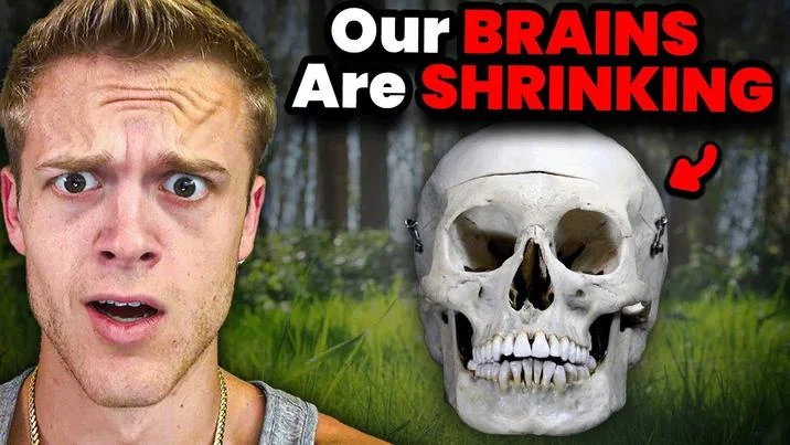 YouTube thumbnail with Joe Bartolozzi shocked face beside skull and 'Our BRAINS Are SHRINKING' text.