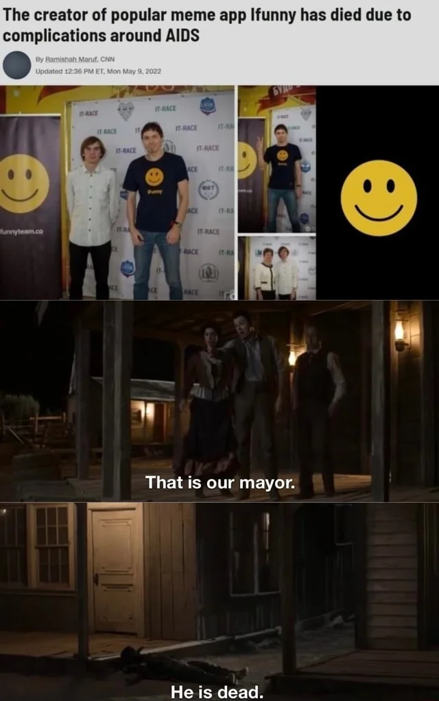 Our Founder Is Dead — Grid collage with founder death announcement, photos with yellow smiley emojis, and TV clips captioned about death.