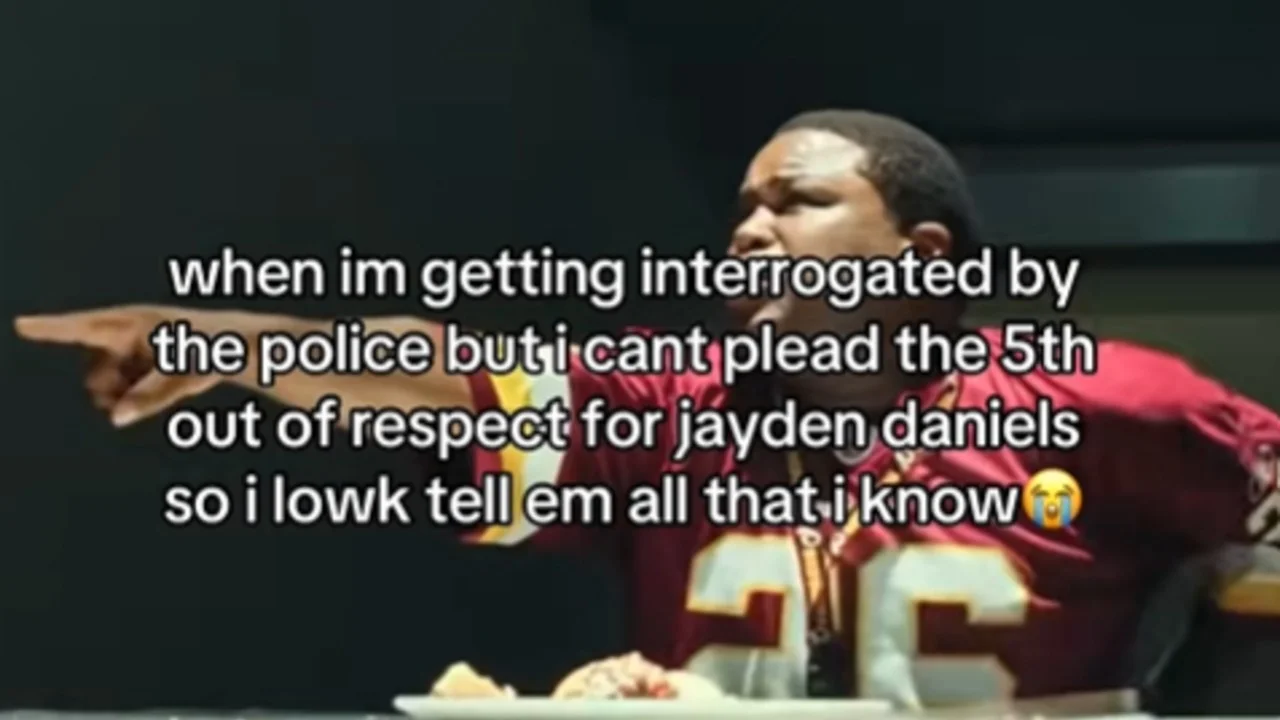 Man in Commanders jersey pointing with caption about not being able to plead the 5th out of respect for Jayden Daniels