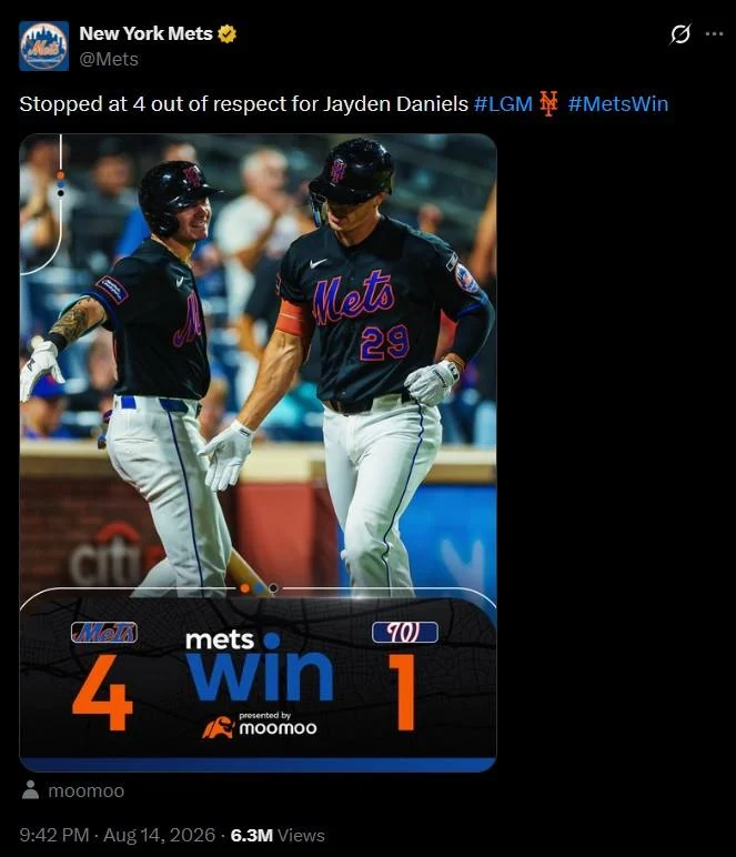 New York Mets tweet joking their 4-1 win was stopped at 4 out of respect for Jayden Daniels