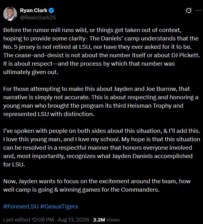Out Of Respect For Jayden Daniels — Higher-resolution Ryan Clark tweet clarifying the LSU No. 5 jersey cease-and-desist