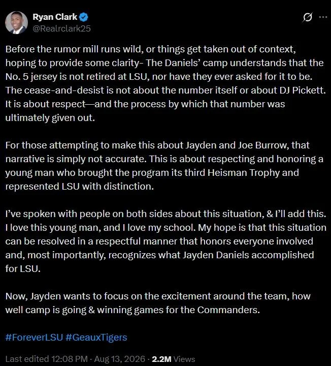 Out Of Respect For Jayden Daniels — Ryan Clark tweet clarifying the Jayden Daniels No. 5 LSU jersey cease-and-desist controversy