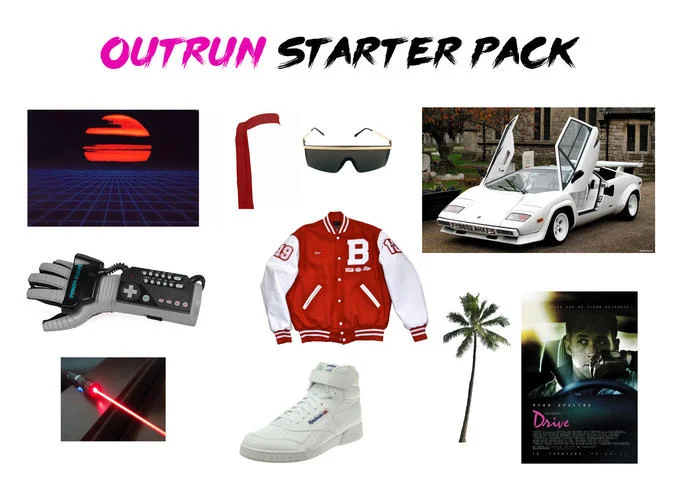 Outrun Starter Pack meme collage with 80s items like Lamborghini, Power Glove and Drive poster