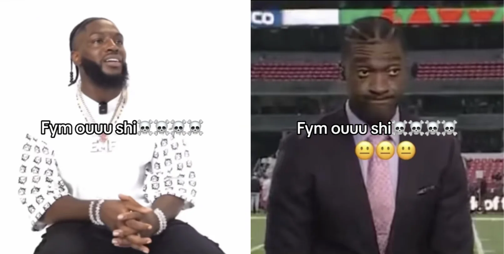 Ouu Shi Fym Ouuu Shi — Side-by-side meme of two men with 'Fym ouuu shi' caption and grimacing-face emojis