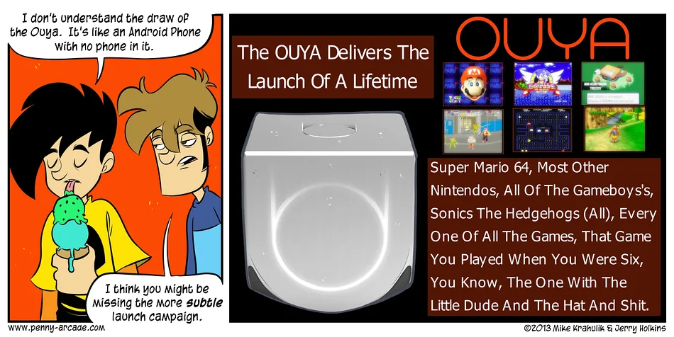 Presenter on stage with caption 'We heard you loud and clear, Skyrim is coming to Ouya'