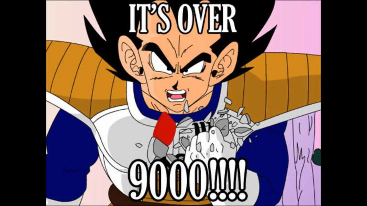 Vegeta from Dragon Ball Z with dramatic text declaring 'IT'S OVER 9000!!!!' in the classic meme format.