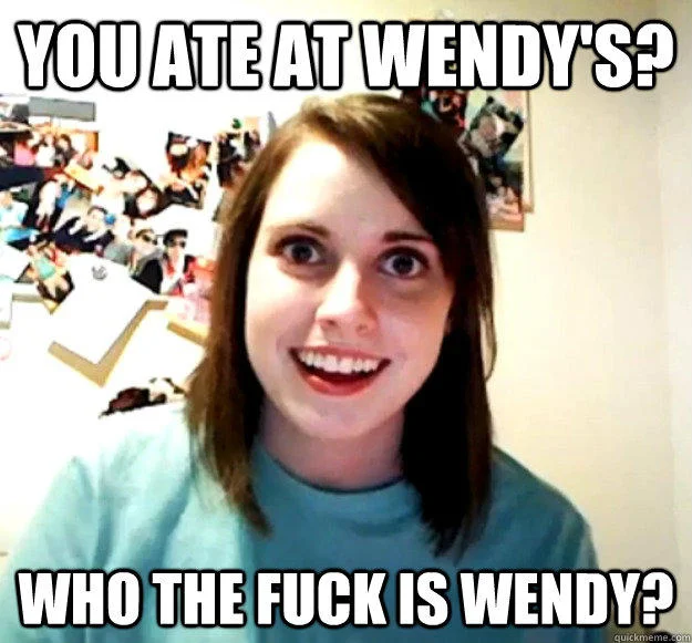 Overly Attached Girlfriend — Laina Morris with signature manic expression and text about tampering with contraception to force pregnancy.