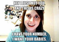 Overly Attached Girlfriend — Laina Morris with intense expression and text about announcing pregnancy as a response to romantic rejection.