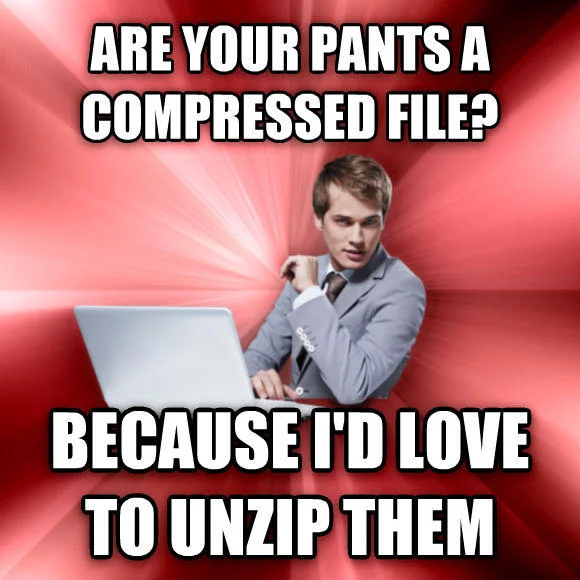 Overly Suave IT Guy meme comparing pants to a zip file