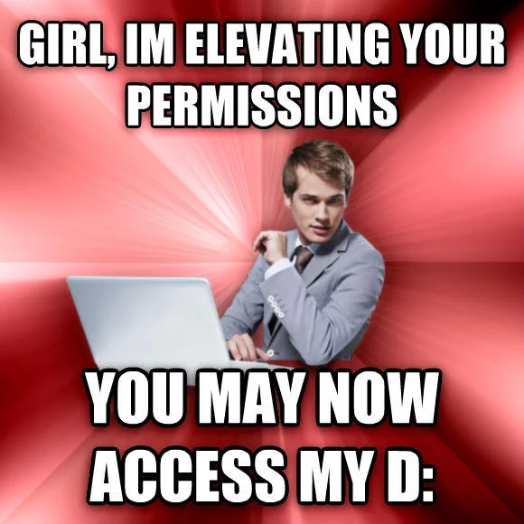 Overly Suave IT Guy meme with elevated permissions and D drive innuendo