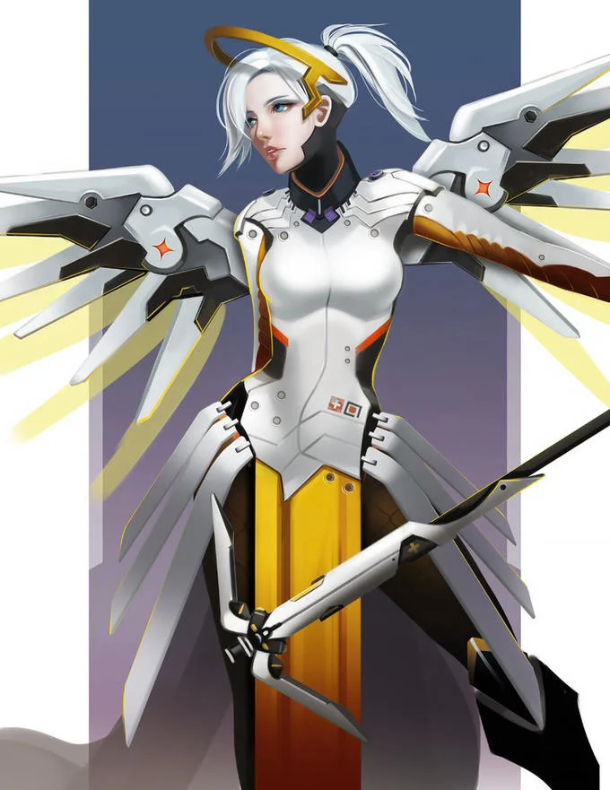 Mercy Overwatch fan art in Valkyrie armor with wings and staff