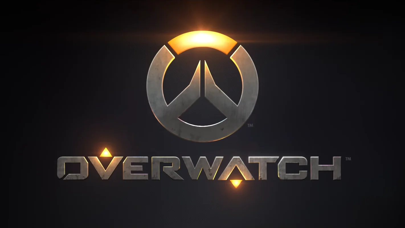 Overwatch game logo with metallic emblem and orange glow