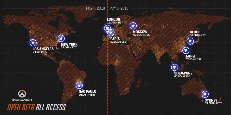 Overwatch Open Beta world map with launch times per region