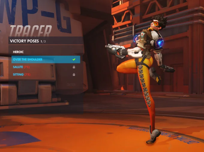 Overwatch Tracer victory pose 'Over the Shoulder' menu screenshot