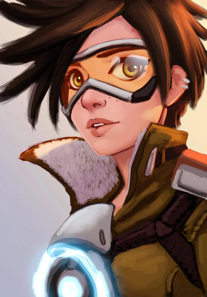 Tracer Overwatch fan art portrait with goggles and chronal accelerator