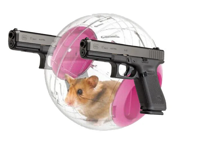 Hamster in ball with dual pistols referencing Wrecking Ball Overwatch hero