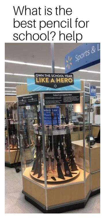 The Walmart display featuring the 'Own the School Year Like a Hero' sign with an overlaid caption asking for school supplies advice.
