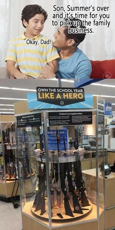 A two-panel meme combining innocent family dialogue with the Walmart 'Own the School Year Like a Hero' display.