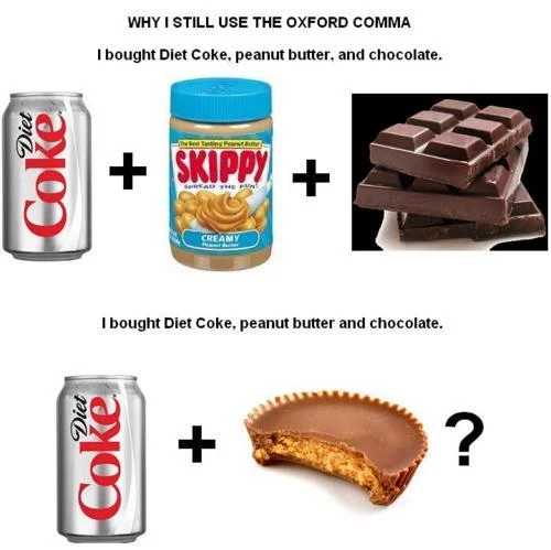 Oxford comma meme with Diet Coke, peanut butter and chocolate imagery