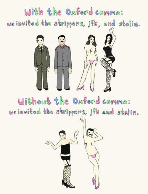 Oxford comma cartoon showing strippers, JFK and Stalin illustration