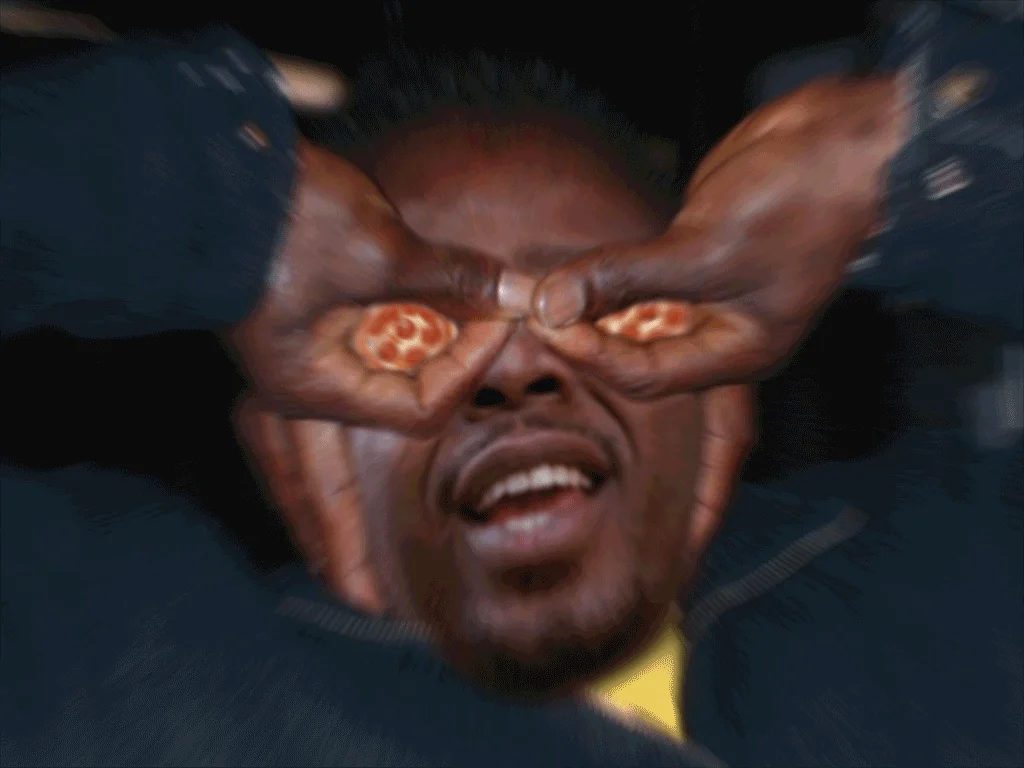 P1ZZ4 GUY — Man making binocular hands with pepperoni pizza slices for eyes