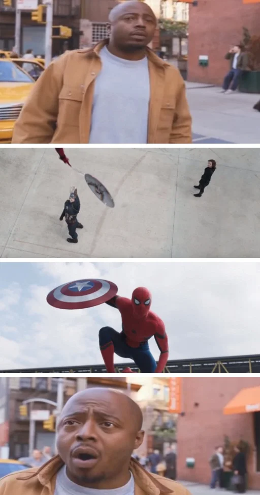 P1ZZ4 GUY — Four-panel Spider-Man Homecoming scene with bystander reacting to superhero fight
