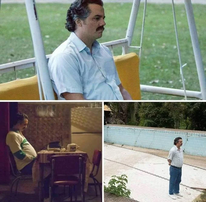 Pablo Escobar Waiting — Three-panel collage of Pablo Escobar sitting on a swing, at a kitchen table, and beside a pool