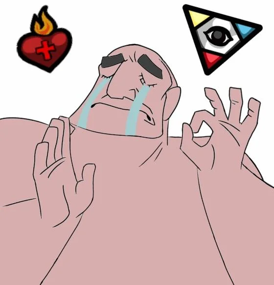 Pacha Edits — Bald crying redraw of Pacha making the chef's-kiss OK gesture, flanked by a sacred heart and Eye of Providence