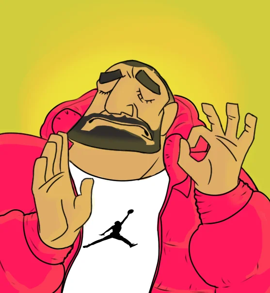 Pacha Edits — Pacha redrawn as a rapper in a red puffer jacket and Jordan T-shirt, making the OK chef's-kiss gesture