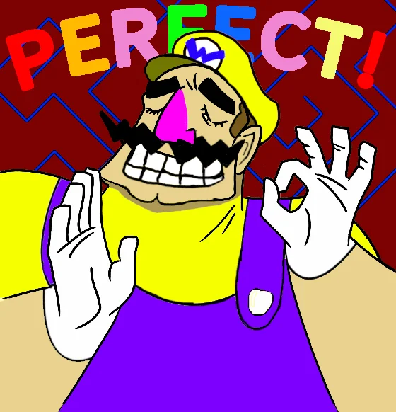 Pacha Edits — Wario redrawn in the Pacha chef's-kiss pose with a rainbow PERFECT text overhead