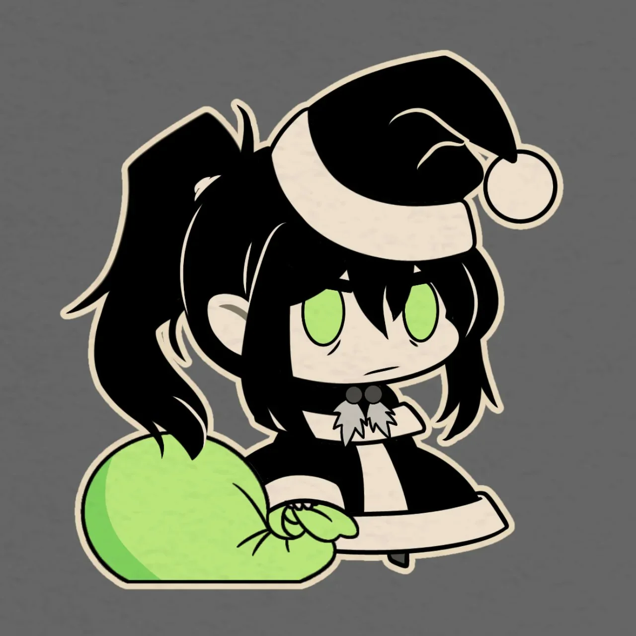 Chibi character with black hair and green eyes in black Santa hat holding green sack in Padoru style