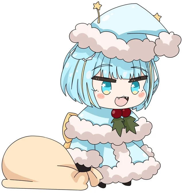 Chibi Cirno with blue hair and fluffy blue Santa hat holding a sack in Padoru pose