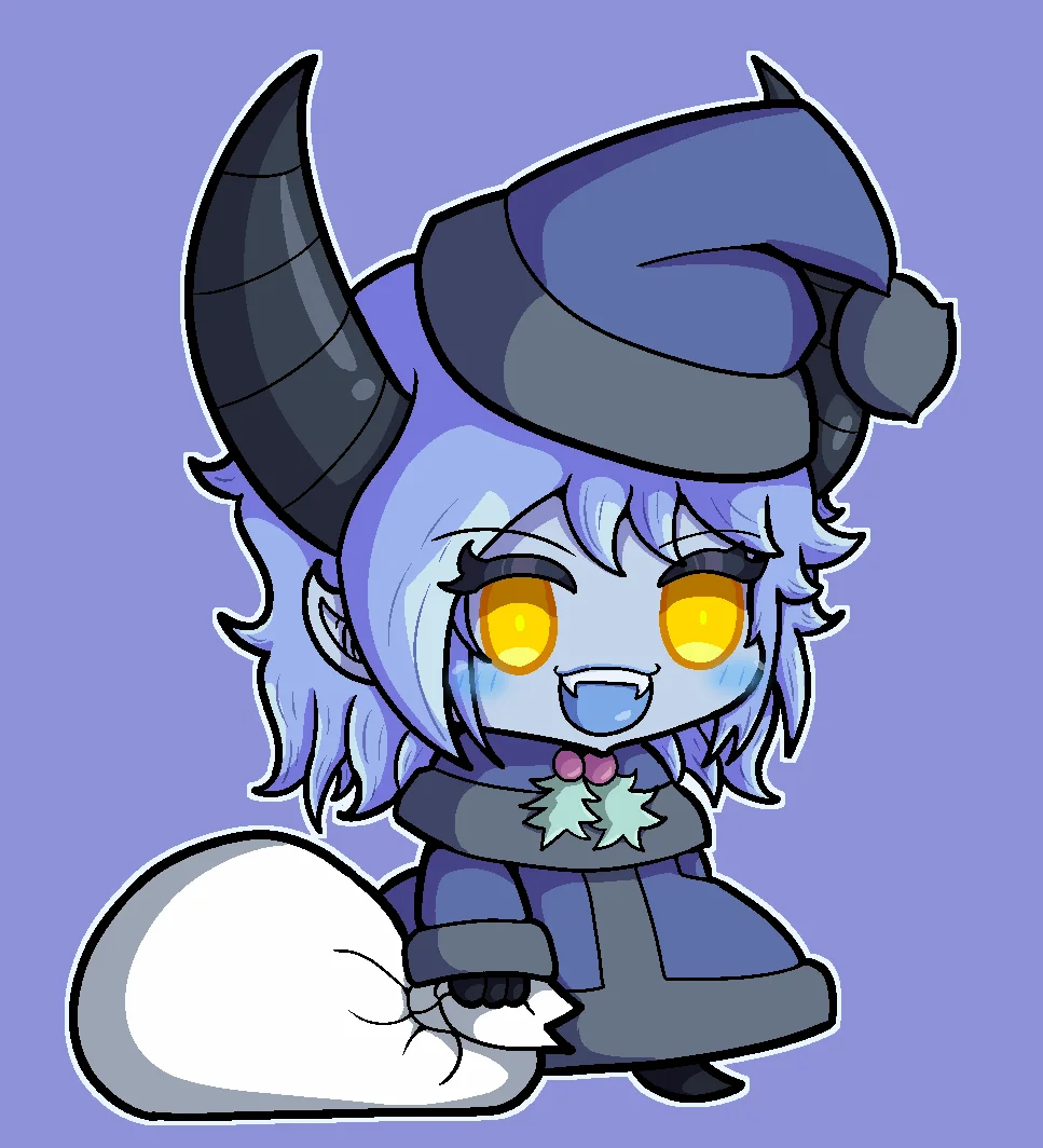Chibi horned demon girl with yellow eyes and gray Santa hat holding white sack in Padoru pose