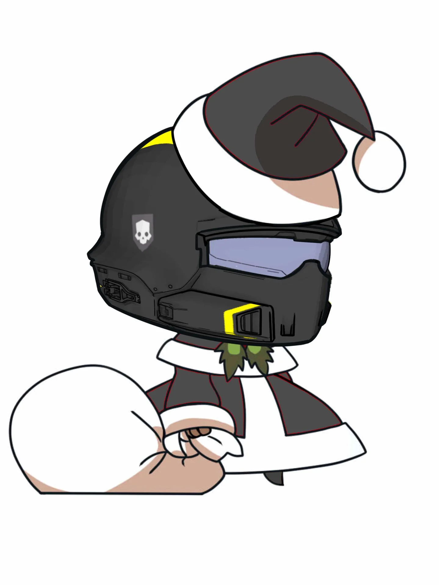 Helldivers armored trooper wearing Santa hat holding a sack in Padoru pose