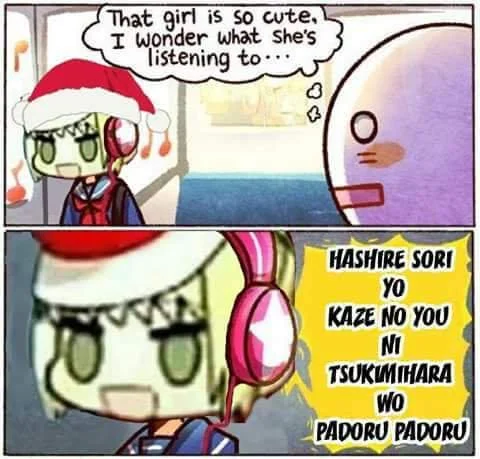 Comic panel meme showing girl with Santa hat and headphones with Padoru song lyrics