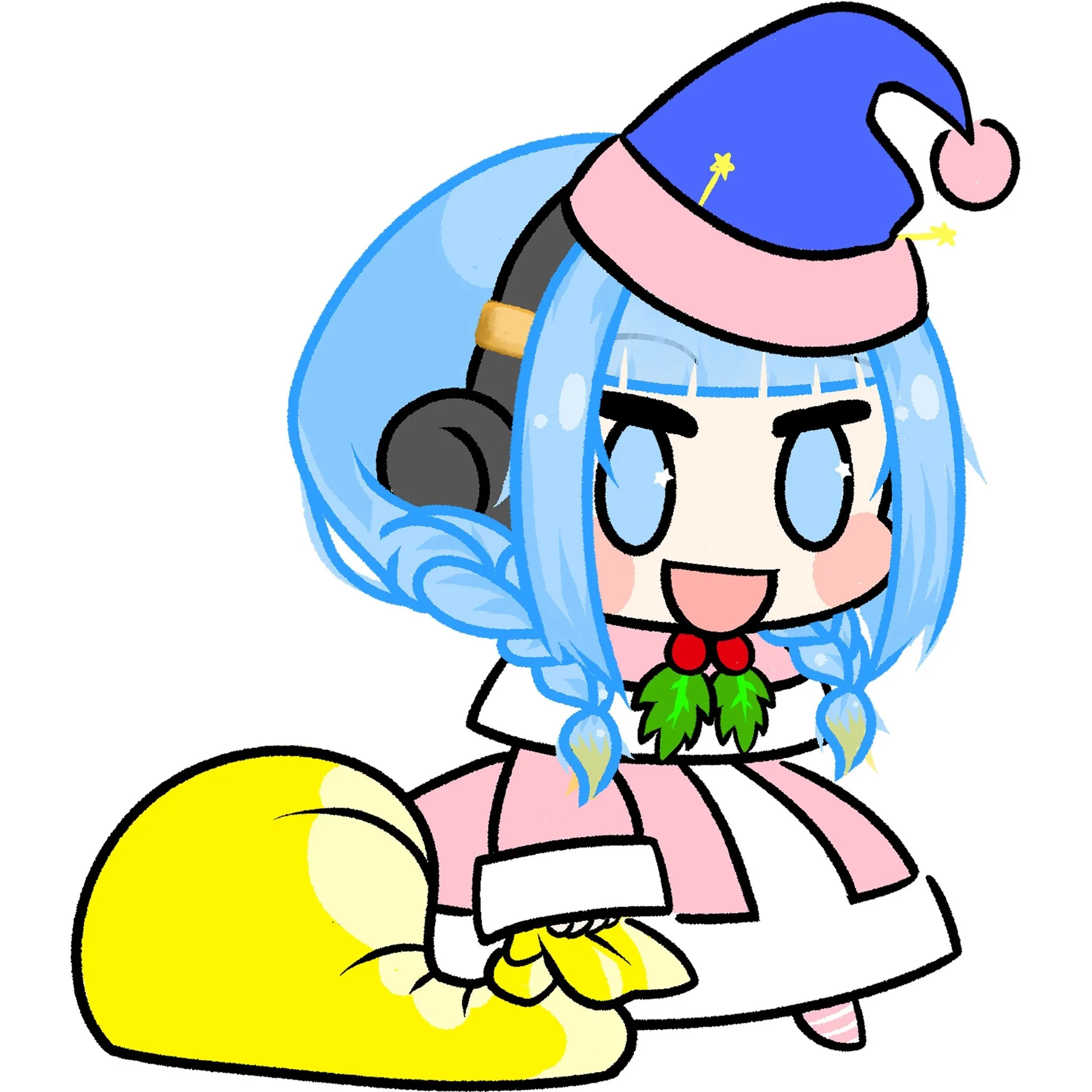 Padoru — Chibi character with braided blue hair and headphones in blue Santa hat holding yellow sack