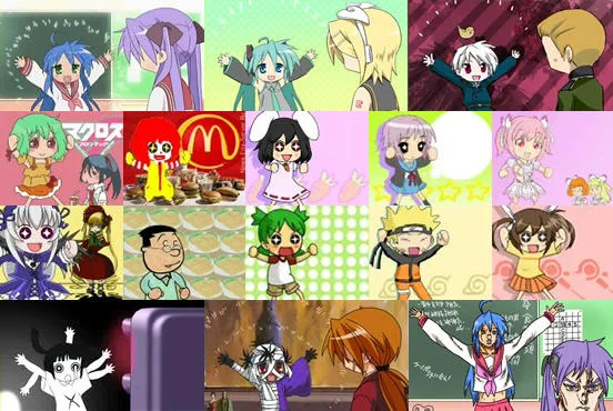 Paffendorf Dance — A grid compilation of multiple anime characters in colorful background panels, each displayed in energetic dancing poses with raised arms.