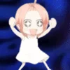 An anime girl character in a light-colored dress against a vibrant blue background, captured in the Paffendorf Dance pose with both arms raised.