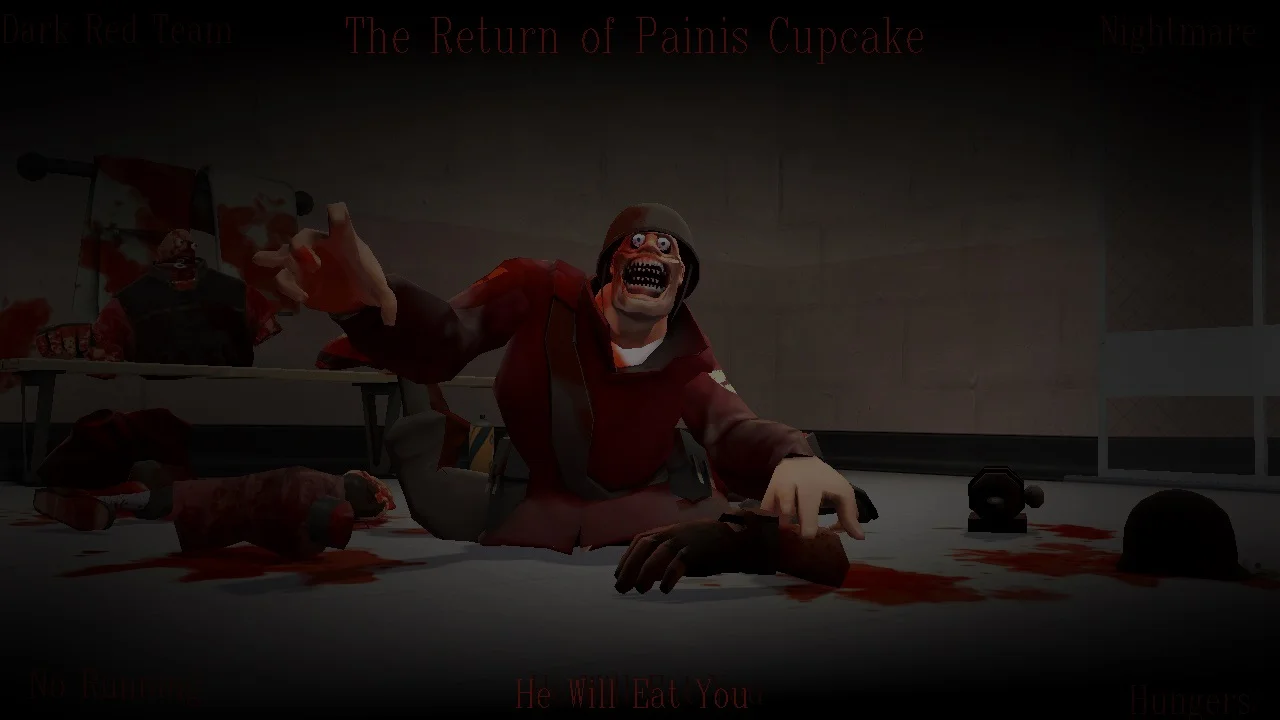 Painis Cupcake (Penis Cupcake) — SFM screenshot titled The Return of Painis Cupcake showing a bloody, hollow-eyed Soldier crawling