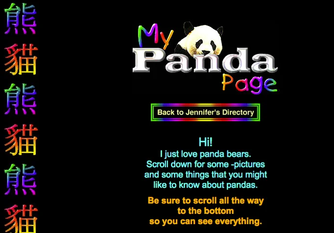 Pandas — Retro 'My Panda Page' website screenshot with rainbow text