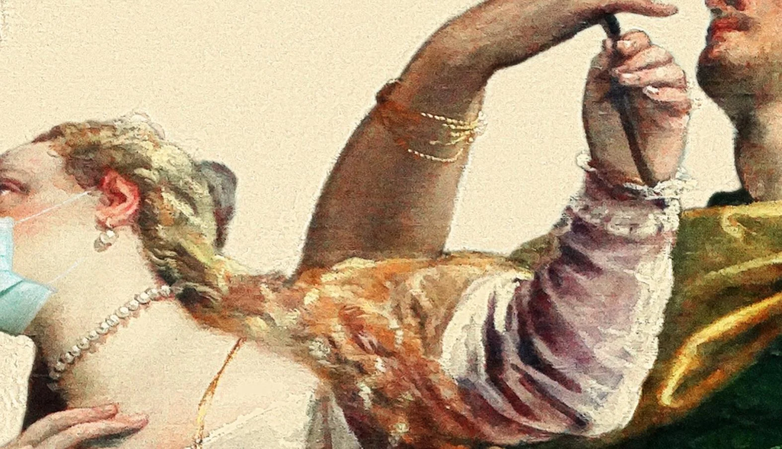 Pandemic Amnesty — Classical painting of a woman digitally edited to wear a blue surgical face mask