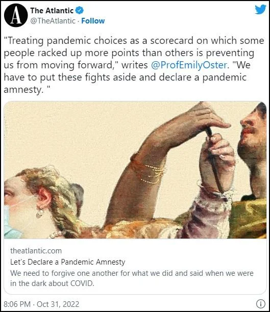 The Atlantic tweet quoting Emily Oster's call for a pandemic amnesty
